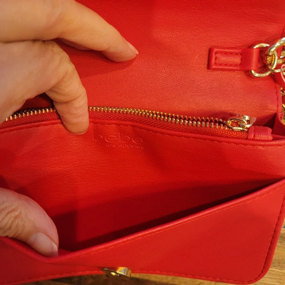 BEBE Red Quilted Faux Leather Crossbody Purse w Gold Chain Handstrap